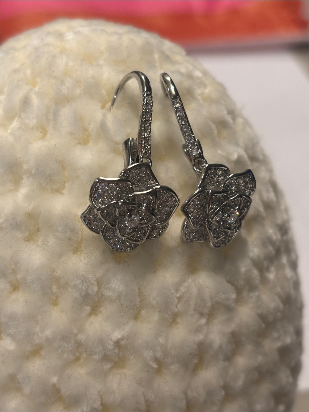 Silver Floral Pavé Drop Earrings - Sparkling Rose Motif